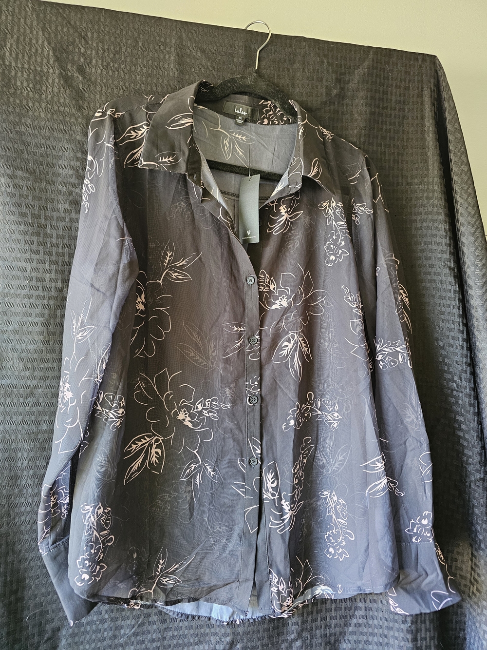 Lulu's Black Sheer Floral Button-Up Blouse with Pale Tan Print